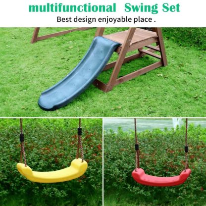 Swing Sets |  Wood Swing Set for Backyard, 2 in 1 Outdoor Swing Set with Slide, Climbing Rope Ladder Kids Backyard Playset Sports & Fitness Swing Sets