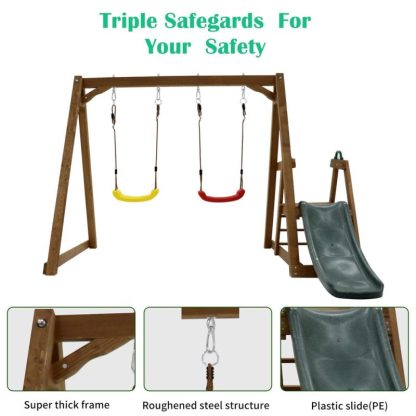 Swing Sets |  Wood Swing Set for Backyard, 2 in 1 Outdoor Swing Set with Slide, Climbing Rope Ladder Kids Backyard Playset Sports & Fitness Swing Sets