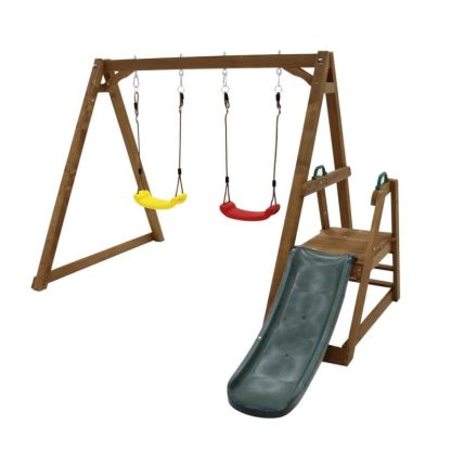 Swing Sets |  Wood Swing Set for Backyard, 2 in 1 Outdoor Swing Set with Slide, Climbing Rope Ladder Kids Backyard Playset Sports & Fitness Swing Sets