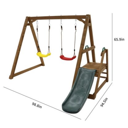 Swing Sets |  Wood Swing Set for Backyard, 2 in 1 Outdoor Swing Set with Slide, Climbing Rope Ladder Kids Backyard Playset Sports & Fitness Swing Sets