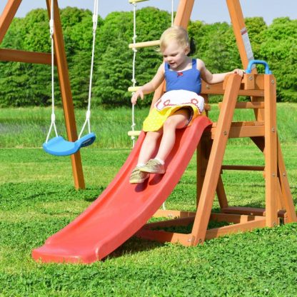 Swing Sets |  Wood Swing Set for Backyard, 4-in-1 Outdoor Swing Set w/Slide – 6’1”(H) x 7’11”(W) x 7’11”(D) Sports & Fitness Swing Sets