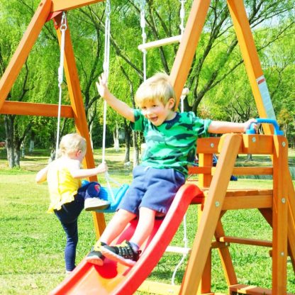 Swing Sets |  Wood Swing Set for Backyard, 4-in-1 Outdoor Swing Set w/Slide – 6’1”(H) x 7’11”(W) x 7’11”(D) Sports & Fitness Swing Sets