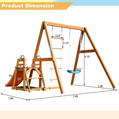 Swing Sets |  Wood Swing Set for Backyard, 4-in-1 Outdoor Swing Set w/Slide – 6’1”(H) x 7’11”(W) x 7’11”(D) Sports & Fitness Swing Sets