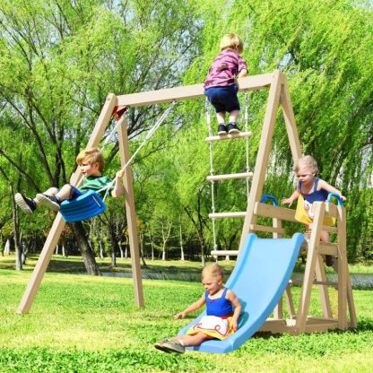 Swing Sets |  Wood Swing Set for Backyard, 4-in-1 Outdoor Swing Set w/Slide – 6’1”(H) x 7’11”(W) x 7’11”(D) Sports & Fitness Swing Sets