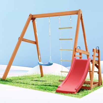 Swing Sets |  Wood Swing Set for Backyard, 4-in-1 Outdoor Swing Set w/Slide – 6’1”(H) x 7’11”(W) x 7’11”(D) Sports & Fitness Swing Sets