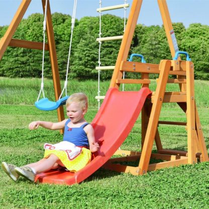 Swing Sets |  Wooden Swing Set with Slide, Outdoor Playset Backyard Activity Sports & Fitness Natural+Red/Natural+Blue