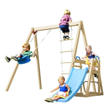 Swing Sets |  Wooden Swing Set with Slide, Outdoor Playset Backyard Activity Sports & Fitness Natural+Red/Natural+Blue