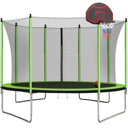 Trampolines |  10FT Outdoor Round Powder-Coated Advanced Trampoline with Basketball Hoop Inflator, Safety Enclosure Net and Ladder Sports & Fitness Trampolines