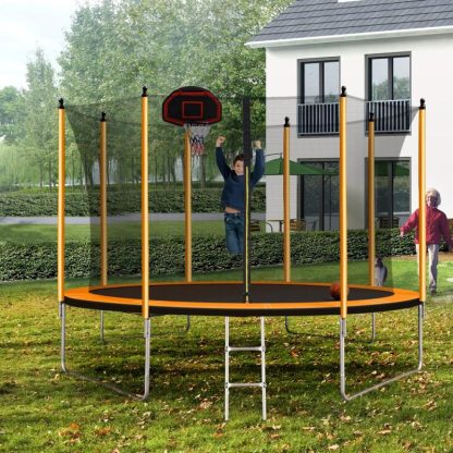 Trampolines |  10FT Outdoor Round Powder-Coated Advanced Trampoline with Basketball Hoop Inflator, Safety Enclosure Net and Ladder Sports & Fitness Trampolines