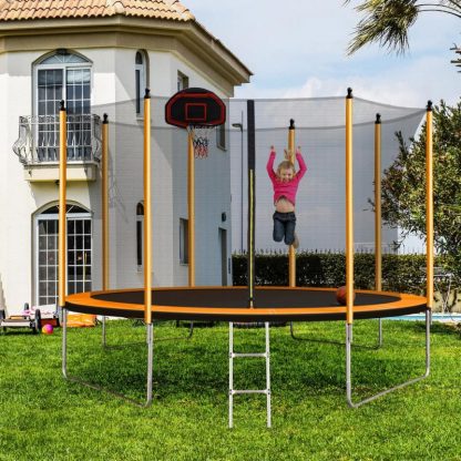 Trampolines |  10FT Outdoor Round Powder-Coated Advanced Trampoline with Basketball Hoop Inflator, Safety Enclosure Net and Ladder Sports & Fitness Trampolines