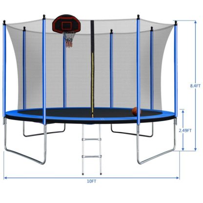 Trampolines |  10FT Outdoor Round Powder-Coated Advanced Trampoline with Basketball Hoop Inflator, Safety Enclosure Net and Ladder Sports & Fitness Trampolines