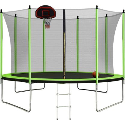 Trampolines |  10FT Outdoor Round Powder-Coated Advanced Trampoline with Basketball Hoop Inflator, Safety Enclosure Net and Ladder Sports & Fitness Trampolines