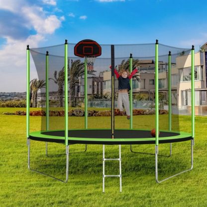 Trampolines |  10FT Outdoor Round Powder-Coated Advanced Trampoline with Basketball Hoop Inflator, Safety Enclosure Net and Ladder Sports & Fitness Trampolines