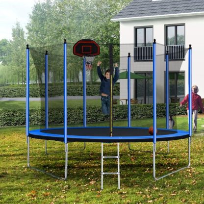 Trampolines |  10FT Outdoor Round Powder-Coated Advanced Trampoline with Basketball Hoop Inflator, Safety Enclosure Net and Ladder Sports & Fitness Trampolines