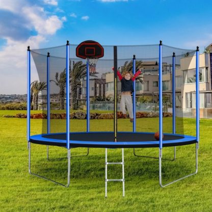 Trampolines |  10FT Outdoor Round Powder-Coated Advanced Trampoline with Basketball Hoop Inflator, Safety Enclosure Net and Ladder Sports & Fitness Trampolines