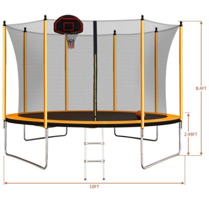 Trampolines |  10FT Outdoor Round Powder-Coated Advanced Trampoline with Basketball Hoop Inflator, Safety Enclosure Net and Ladder Sports & Fitness Trampolines