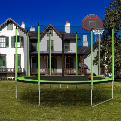 Trampolines |  10FT Outdoor Round Powder-Coated Advanced Trampoline with Basketball Hoop Inflator, Safety Enclosure Net and Ladder Sports & Fitness Trampolines