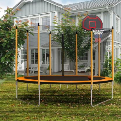 Trampolines |  10FT Outdoor Round Powder-Coated Advanced Trampoline with Basketball Hoop Inflator, Safety Enclosure Net and Ladder Sports & Fitness Trampolines