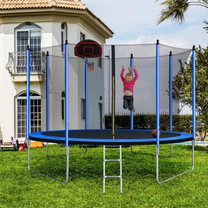 Trampolines |  10FT Trampoline with Basketball Hoop Inflator and Ladder Inner Safety Enclosure Blue Sports & Fitness Trampolines