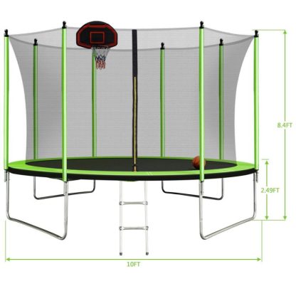 Trampolines |  10FT Trampoline with Basketball Hoop Inflator and Ladder Inner Safety Enclosure Green Sports & Fitness Trampolines