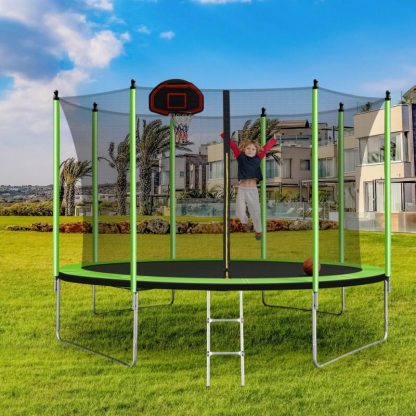 Trampolines |  10FT Trampoline with Basketball Hoop Inflator and Ladder Inner Safety Enclosure Green Sports & Fitness Trampolines