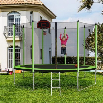 Trampolines |  10FT Trampoline with Basketball Hoop Inflator and Ladder Inner Safety Enclosure Green Sports & Fitness Trampolines