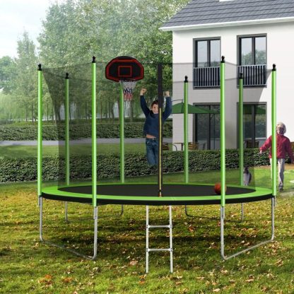 Trampolines |  10FT Trampoline with Basketball Hoop Inflator and Ladder Inner Safety Enclosure Green Sports & Fitness Trampolines