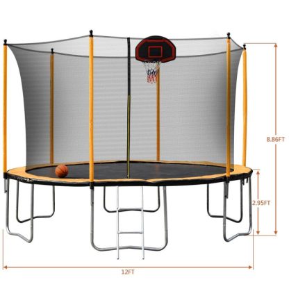 Trampolines |  12Ft Trampoline with Basketball Hoop Inflator and Ladder, Kids Family Recreational Trampoline for Backyard Sports & Fitness Trampolines