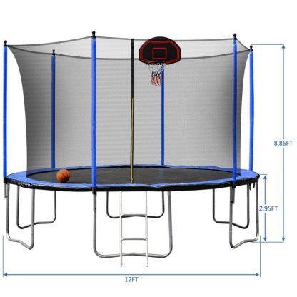 Trampolines |  12Ft Trampoline with Basketball Hoop Inflator and Ladder, Kids Family Recreational Trampoline for Backyard Sports & Fitness Trampolines