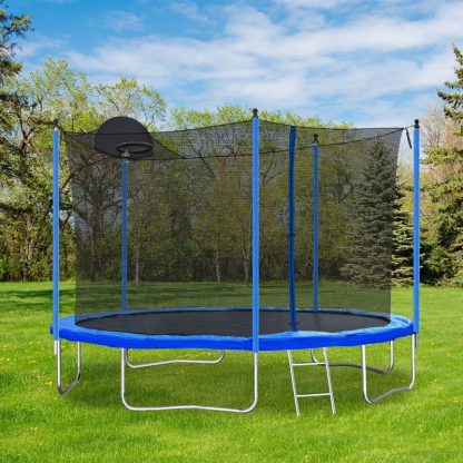 Trampolines |  12FT Trampoline with Ladder, Basketball Hoop, and Safety Enclosure Net for Adults and Kids – Blue Sports & Fitness Trampolines