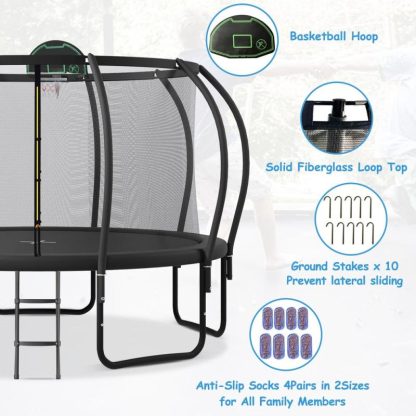 Trampolines |  12FT Trampoline with Upgraded ArcPole and Composite TopLoop for Safety Enclosure, Plus Basketball Board and 10 Ground Stakes Sports & Fitness Trampolines