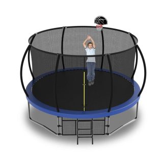 Trampolines |  14 ft. Blue Galvanized Anti-Rust Outdoor Round Coating Trampoline with Basketball Hoop with Ladder and Shoe Bag Sports & Fitness Trampolines