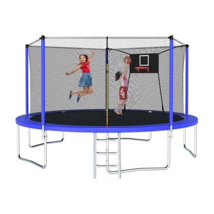 Trampolines |  14 ft. Blue Galvanized Anti-Rust Outdoor Trampoline with Basketball Hoop and Ladder Sports & Fitness Trampolines