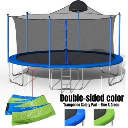 Trampolines |  14FT Blue/Green Switchable Outdoor Trampoline, Trampoline Enclosure and Netting, Sports Fitness Trampoline with Basketball Hoop Sports & Fitness Trampolines