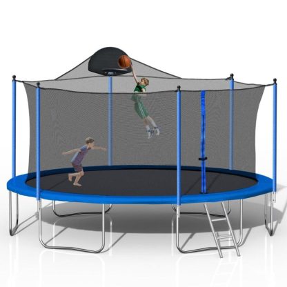 Trampolines |  14FT Blue/Green Switchable Outdoor Trampoline, Trampoline Enclosure and Netting, Sports Fitness Trampoline with Basketball Hoop Sports & Fitness Trampolines