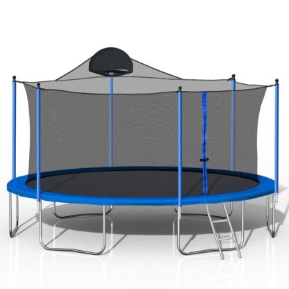 Trampolines |  14FT Blue/Green Switchable Outdoor Trampoline, Trampoline Enclosure and Netting, Sports Fitness Trampoline with Basketball Hoop Sports & Fitness Trampolines