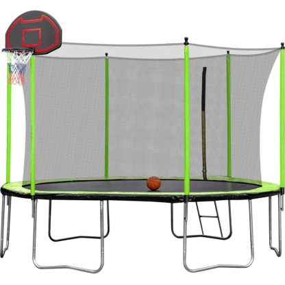 Trampolines |  14FT Trampoline with Basketball Hoop Inflator and Ladder(Inner Safety Enclosure) Green Sports & Fitness Trampolines