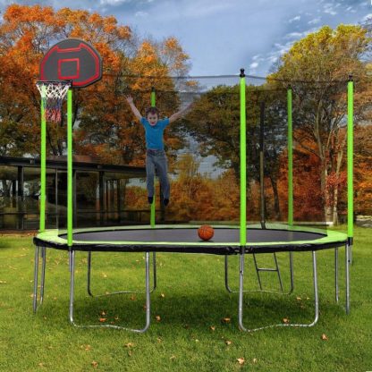 Trampolines |  14FT Trampoline with Basketball Hoop Inflator and Ladder(Inner Safety Enclosure) Green Sports & Fitness Trampolines