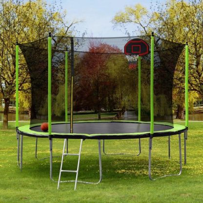 Trampolines |  14FT Trampoline with Basketball Hoop Inflator and Ladder(Inner Safety Enclosure) Green Sports & Fitness Trampolines