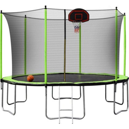 Trampolines |  14FT Trampoline with Basketball Hoop Inflator and Ladder(Inner Safety Enclosure) Green Sports & Fitness Trampolines