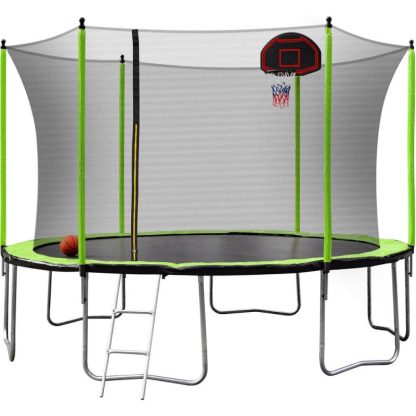 Trampolines |  14FT Trampoline with Basketball Hoop Inflator and Ladder(Inner Safety Enclosure) Green Sports & Fitness Trampolines