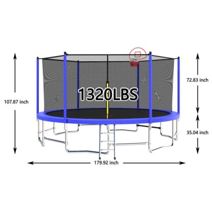 Trampolines |  15 ft. Blue Galvanized Anti-Rust Outdoor Round Trampoline with Basketball Hoop with Ladder and Enclosure Net Sports & Fitness Trampolines