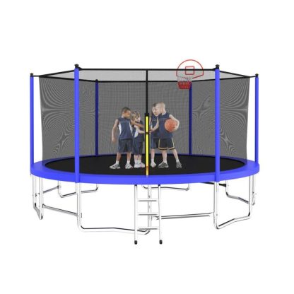 Trampolines |  15 ft. Blue Galvanized Anti-Rust Outdoor Round Trampoline with Basketball Hoop with Ladder and Enclosure Net Sports & Fitness Trampolines