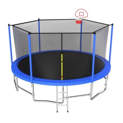 Trampolines |  15 ft. Blue Galvanized Anti-Rust Outdoor Round Trampoline with Basketball Hoop with Ladder and Enclosure Net Sports & Fitness Trampolines