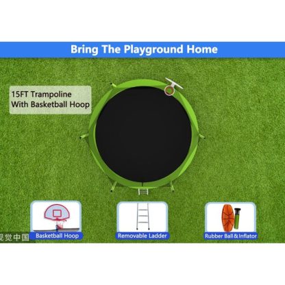 Trampolines |  15FT High Weight Capacity Trampoline Outdoor with Basketball Hoop and Trampoline Ladder, Green Trampoline Enclosure and Netting Sports & Fitness Trampolines