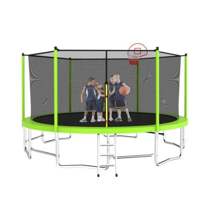 Trampolines |  15FT High Weight Capacity Trampoline Outdoor with Basketball Hoop and Trampoline Ladder, Green Trampoline Enclosure and Netting Sports & Fitness Trampolines