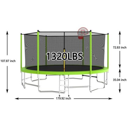 Trampolines |  15FT High Weight Capacity Trampoline Outdoor with Basketball Hoop and Trampoline Ladder, Green Trampoline Enclosure and Netting Sports & Fitness Trampolines