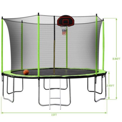 Trampolines |  15FT Trampoline with Basketball Hoop Inflator and Ladder Green Sports & Fitness Trampolines