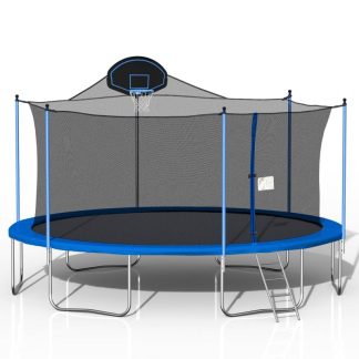 Trampolines |  16ft Outdoor Huge Trampoline with Basketball Hoop, Durable Galvanized Steel Frame Trampoline w/Ladder and Safety Enclosure Net Sports & Fitness Blue/Green