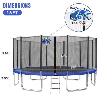 Trampolines |  16FT Trampoline for Kids with Safety Enclosure Net, Basketball Hoop and Ladder, Round Outdoor Recreational Trampoline Sports & Fitness Trampolines